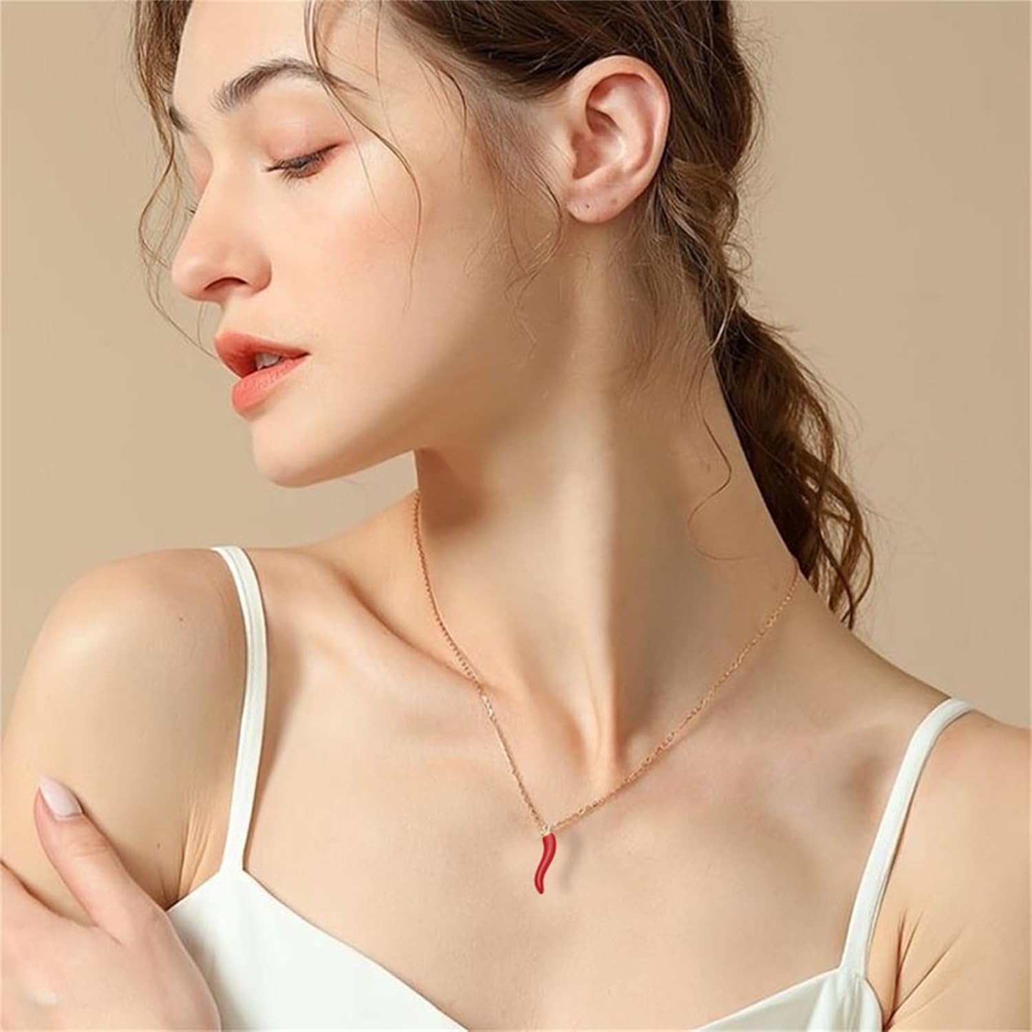 Italian Horn Necklace Red Enamel Cornicello Pendant Charm Jewelry for Women