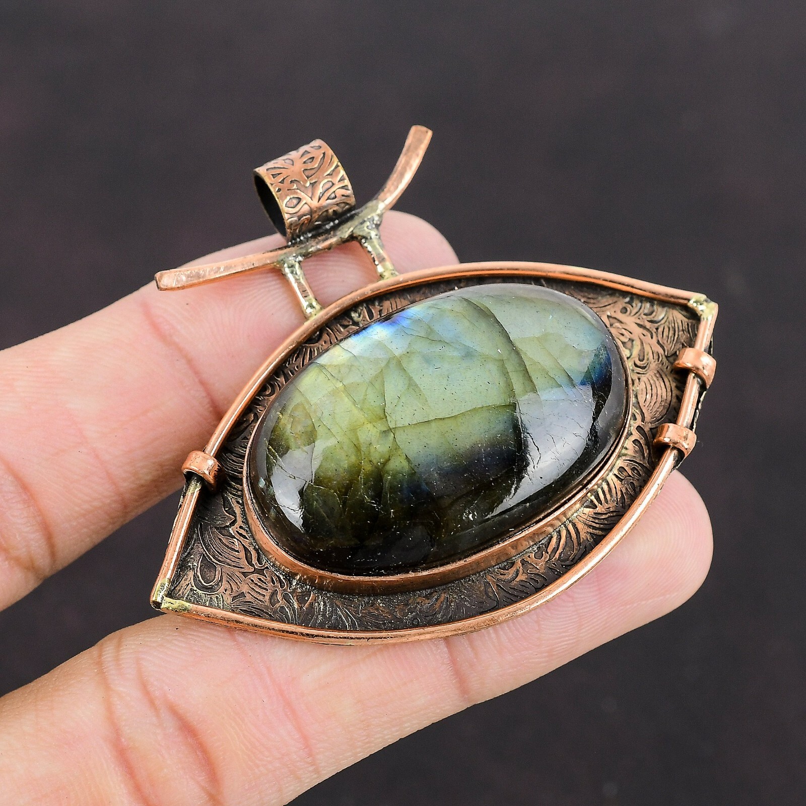 Valentines Deal Copper Third Eye Chakra Oval Labradorite Gemstone Bezel Pendant