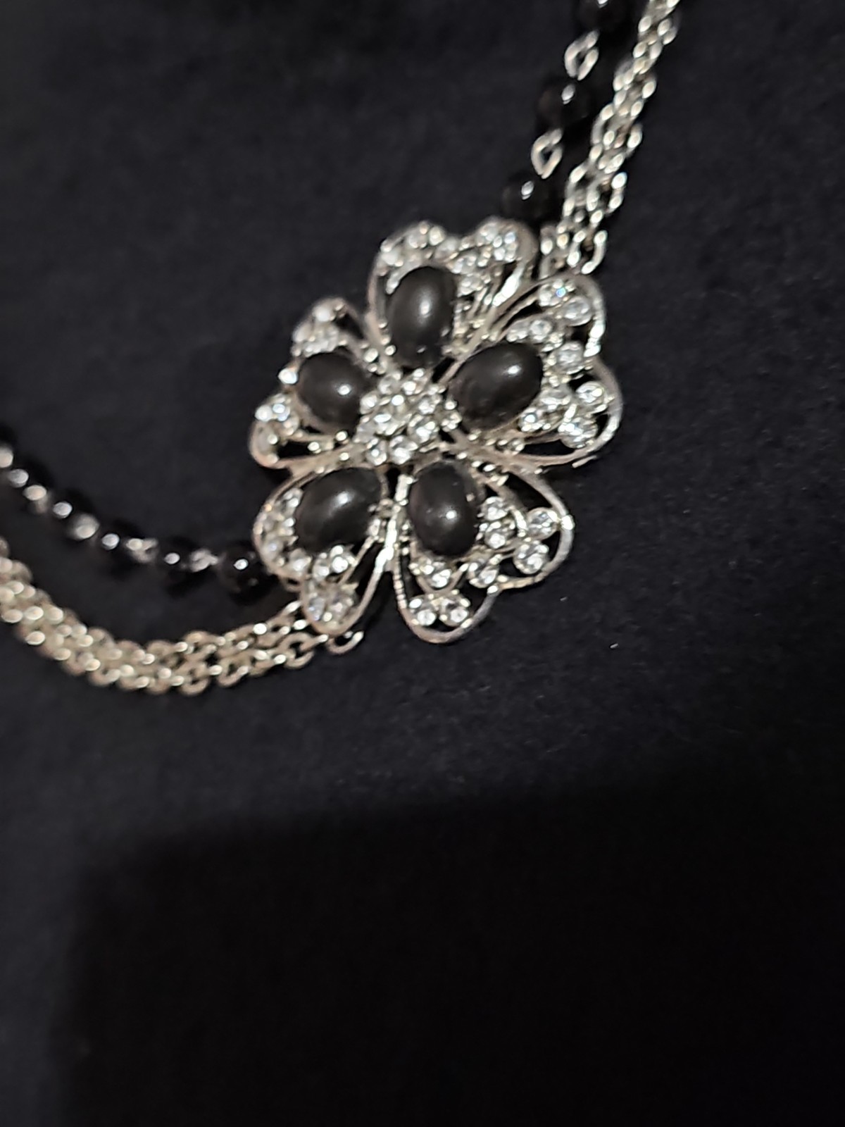 Silver Tone Black Flower Statement Necklace Layered Chain Floral Crystal Accent