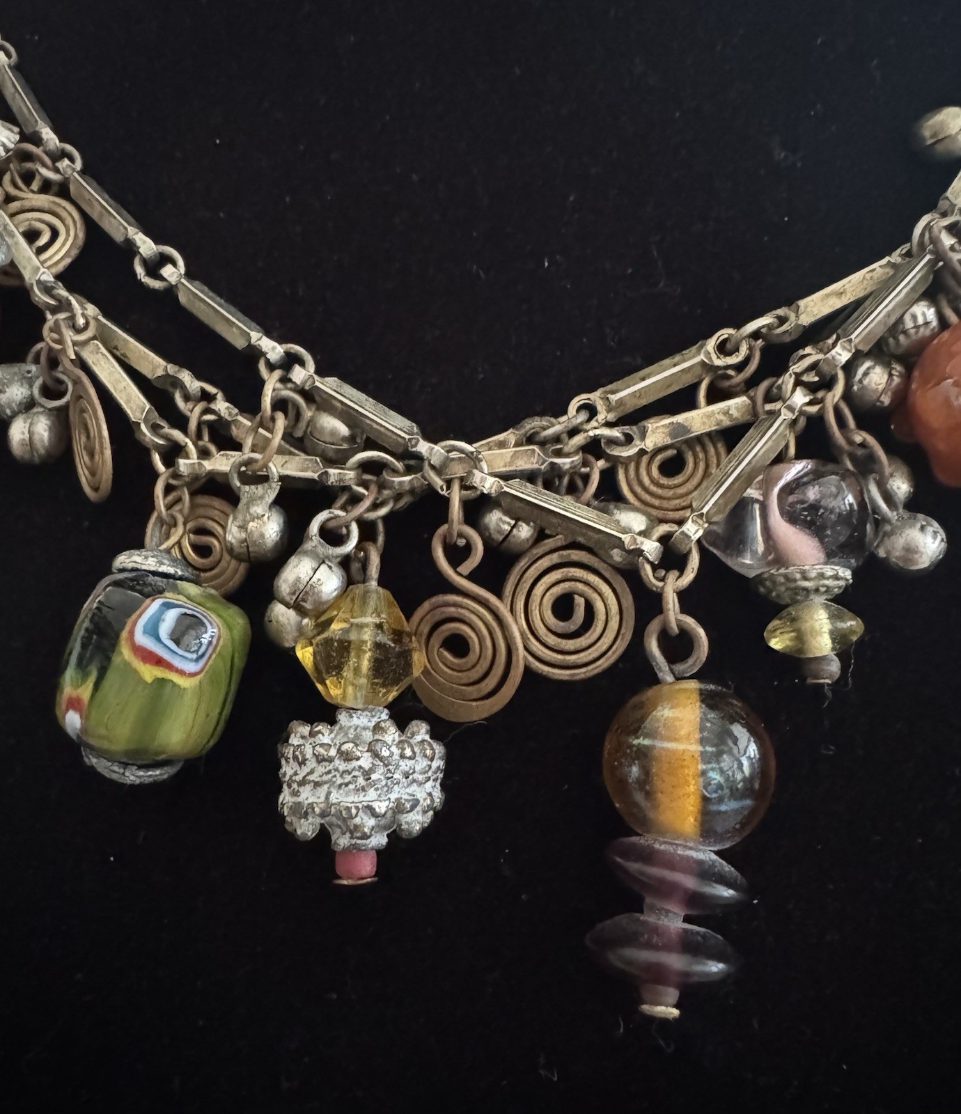 Vtg MultiStrand Charm Necklace Gold-Tone Bohemian Chunky Orange Art Glass Bead