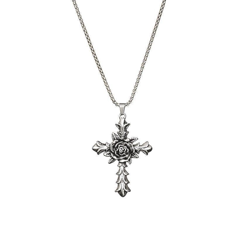 Vintage Stainless Hip Hop Punk Steel Fashion Rose Cross Pendant Jewelry Necklace
