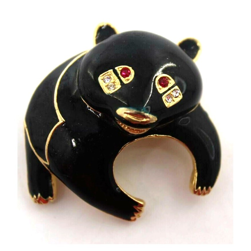 Black Enamel Bear Brooch Pin Red Clear Rhinestones• Gold Tone • 2″x 1-1/2″