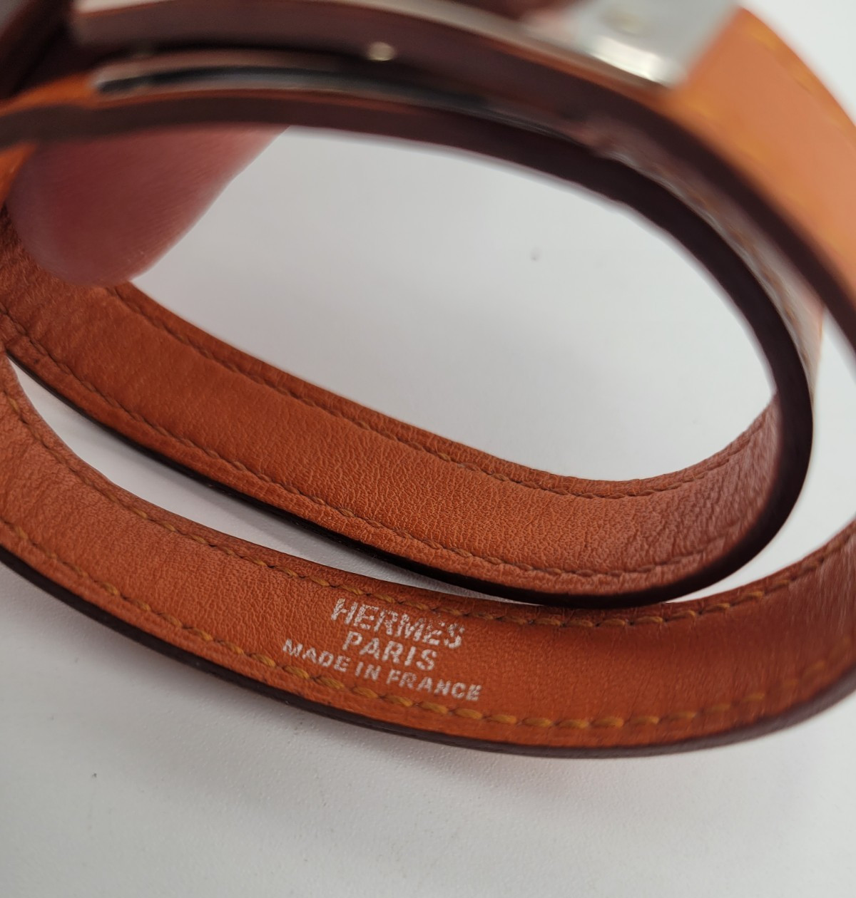 Hermès Double Tour Kelly Bracelet Orange Leather Palladium Size 1