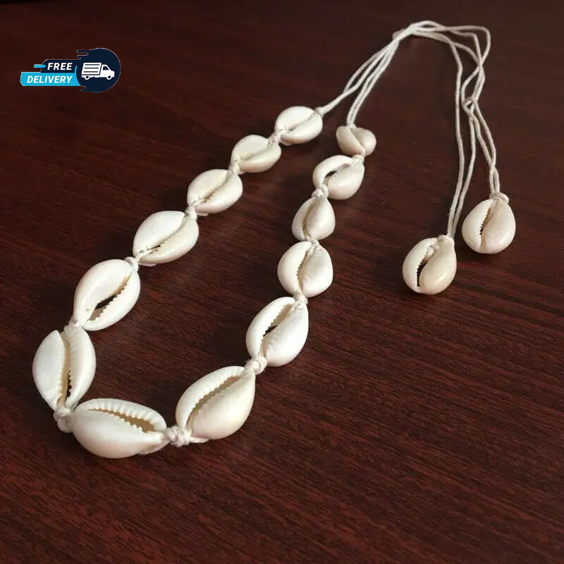 Cowrie Shell Choker Boho White String Necklace Surfer Beach Conch Puka, Hawaiian