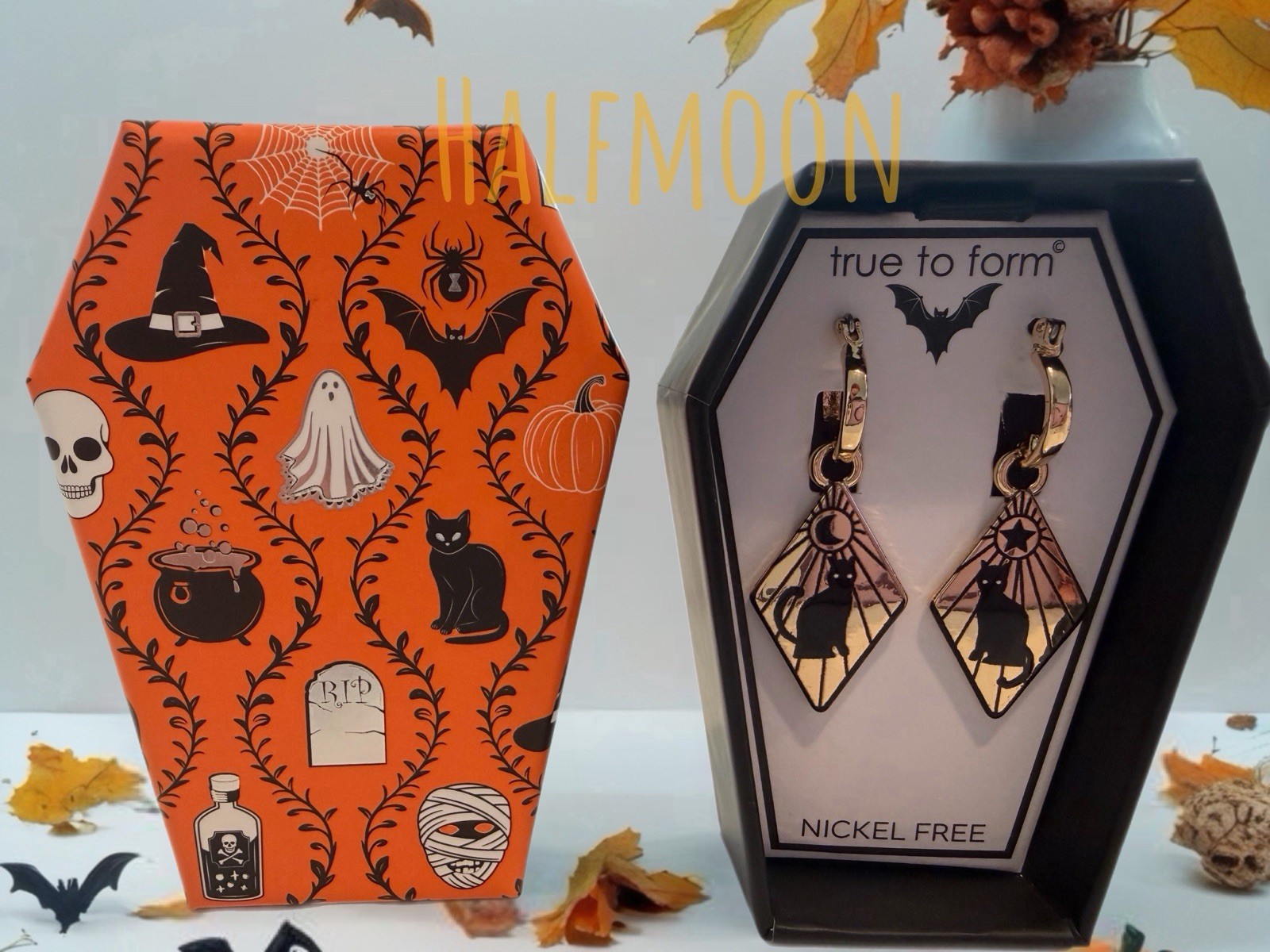 True to Form Black Cat Moon Star Halloween Dangle Hoop Earrings Nickel Free