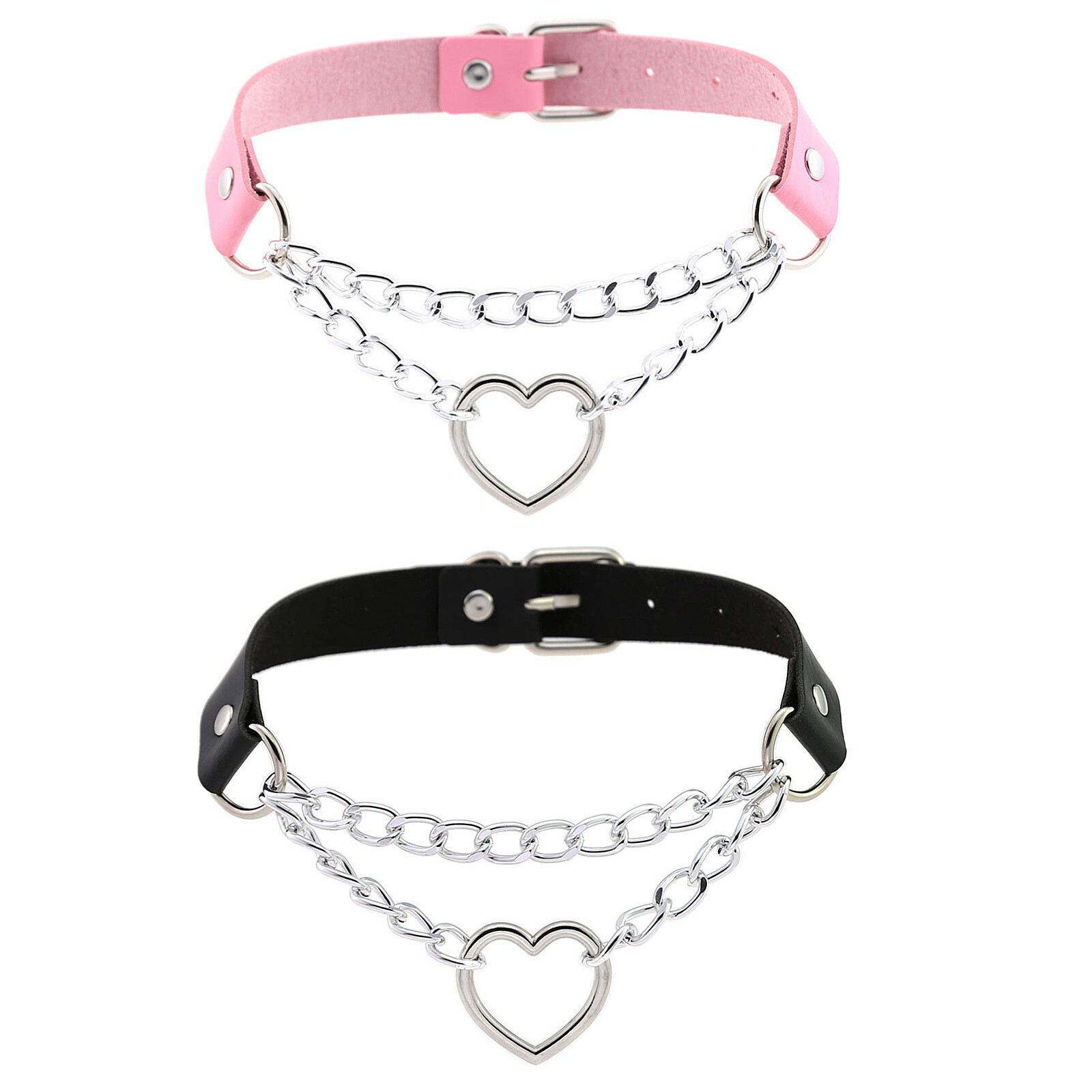 Women Girls Heart Ring Chain Leather Choker Punk Rock Collar Necklace Adjustable