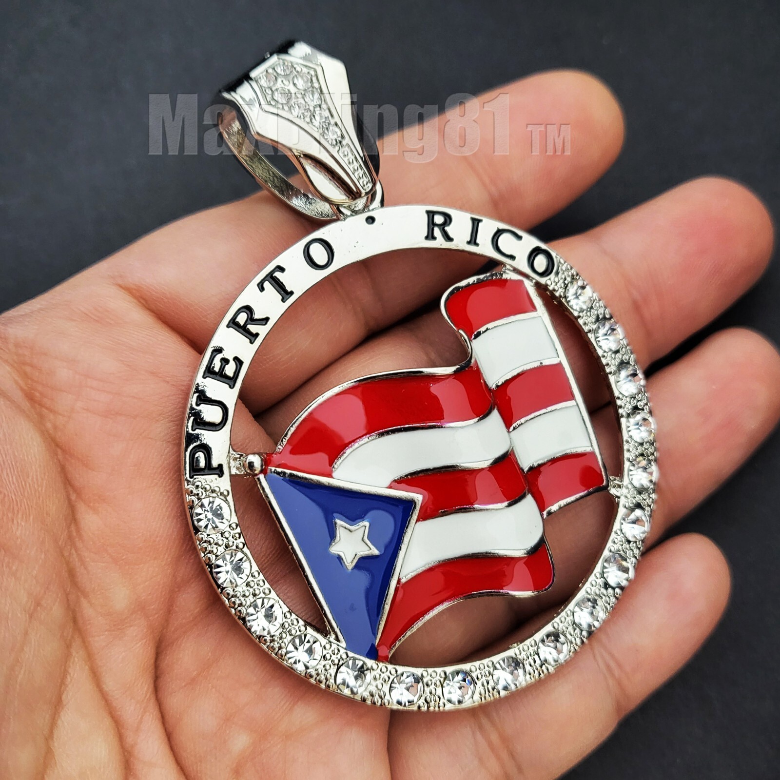 Hip Hop Iced Cubic Zirconia Silver Plated Large Puerto Rico Flag Medal Pendant