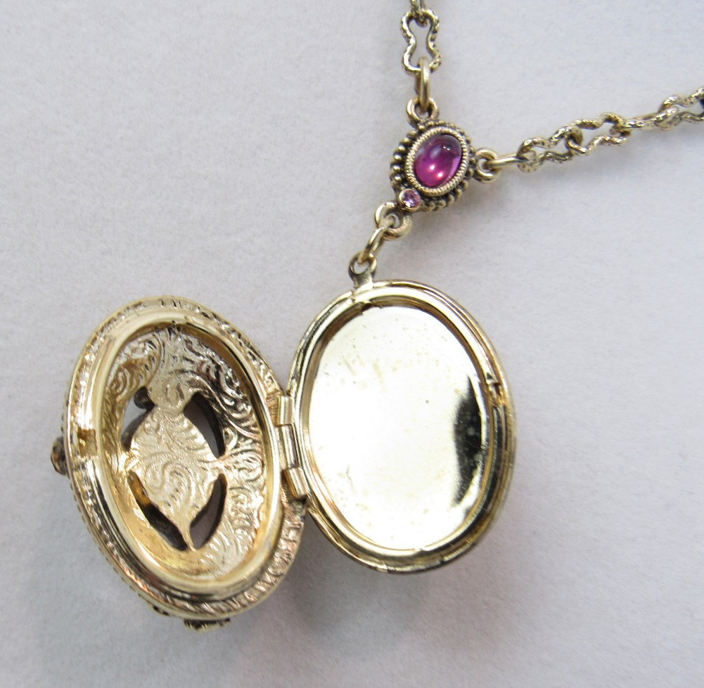 Delicate 1928 Brand Lavalier Locket Pink/Rose Stones on 26″ Long Chain Necklace