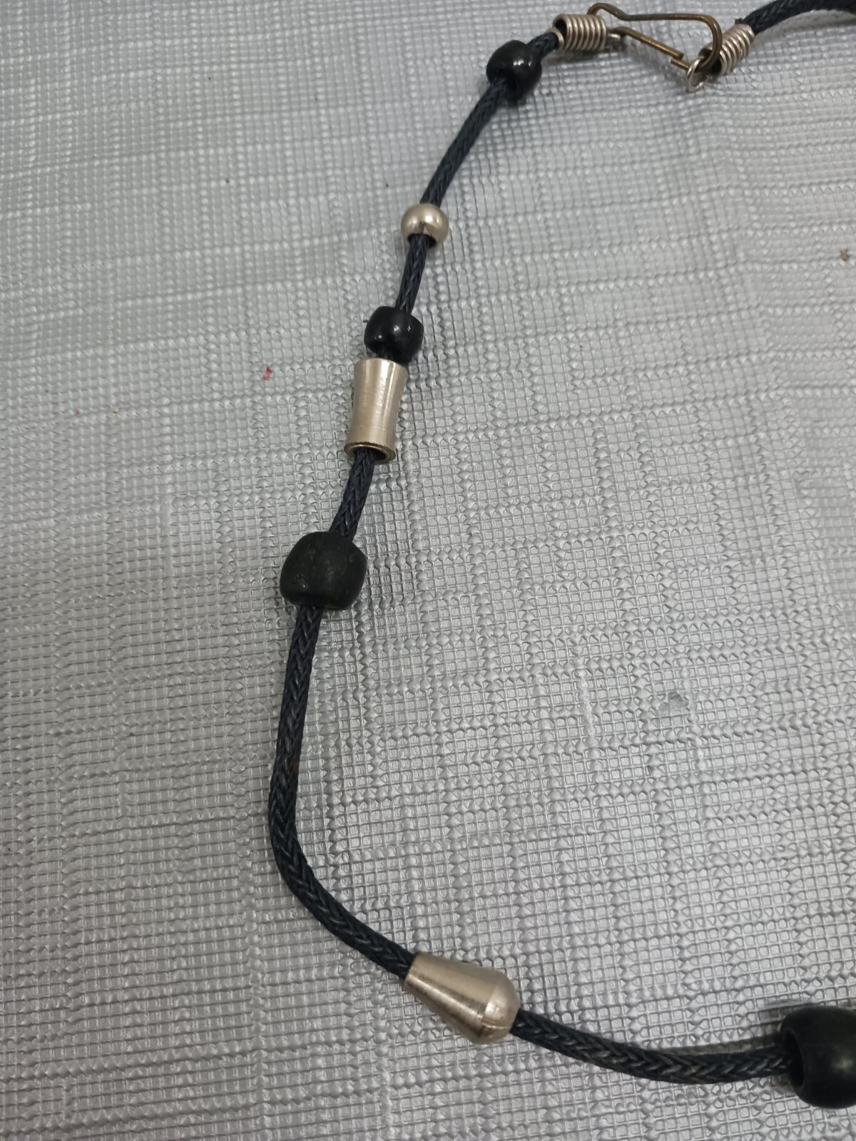 Necklace With Black Leather Cord Black & Silver Beades