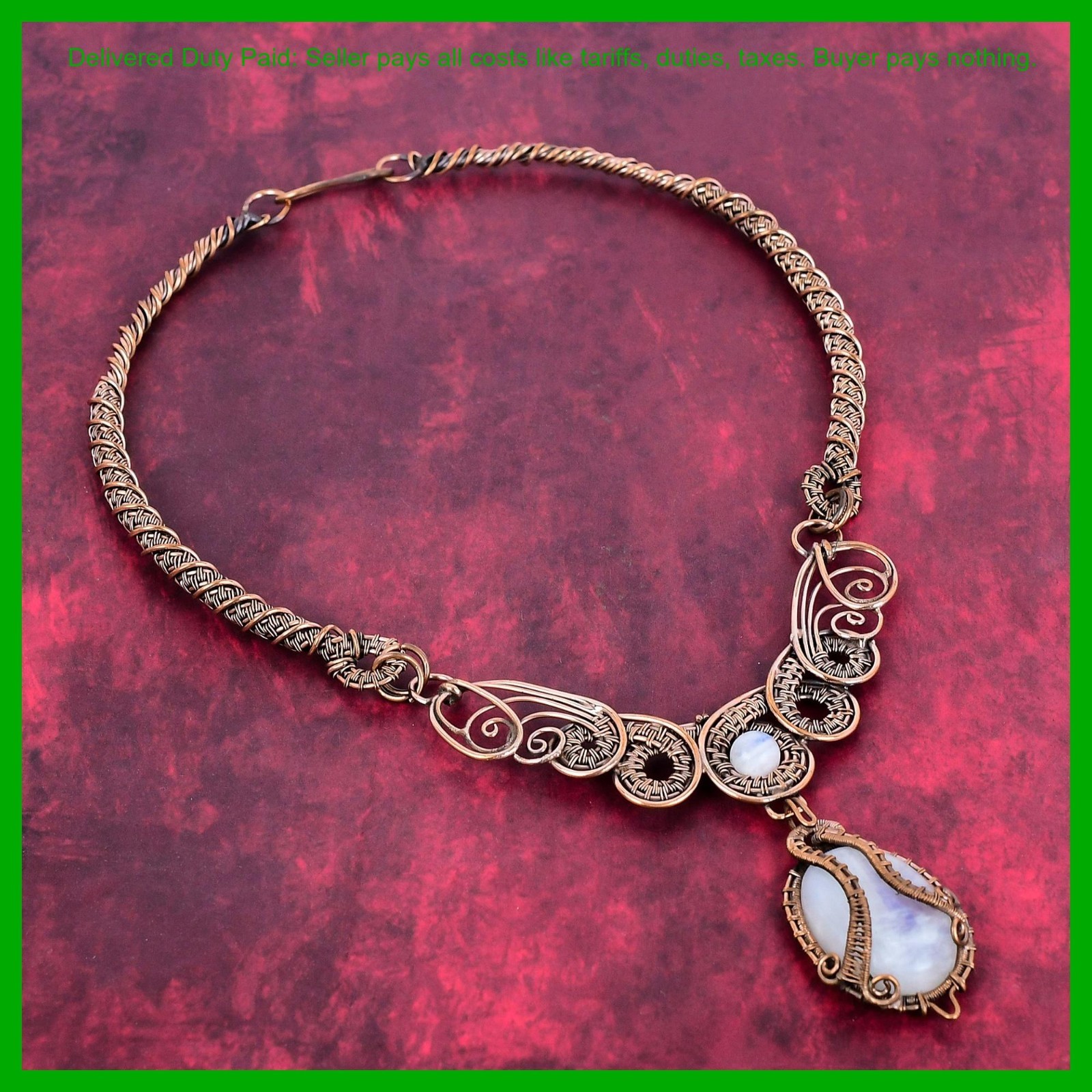 Copper Crown Chakra Rainbow Moonstone Stone Wire Wrapped Chain Necklace Jewelry