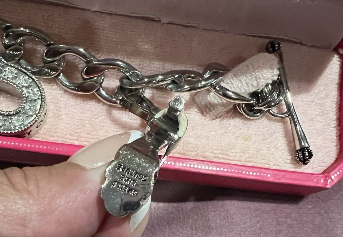 Juicy Couture Puffy Heart Charm Silver Starter Bracelet with 2 Charms in Box