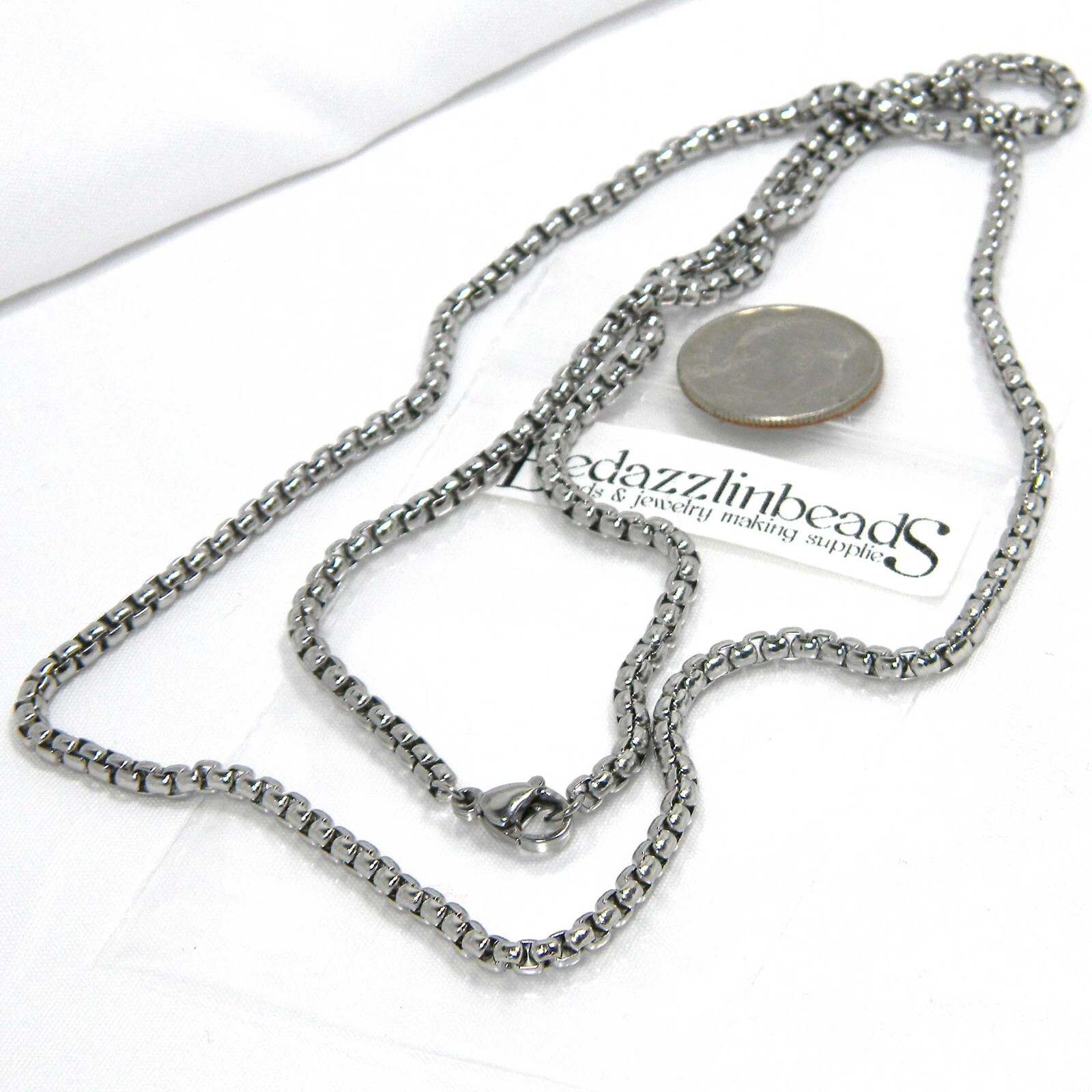 24 inch Stainless Steel Silver Venetian 3mm Box Chain Necklace w/ Lobster Clasp
