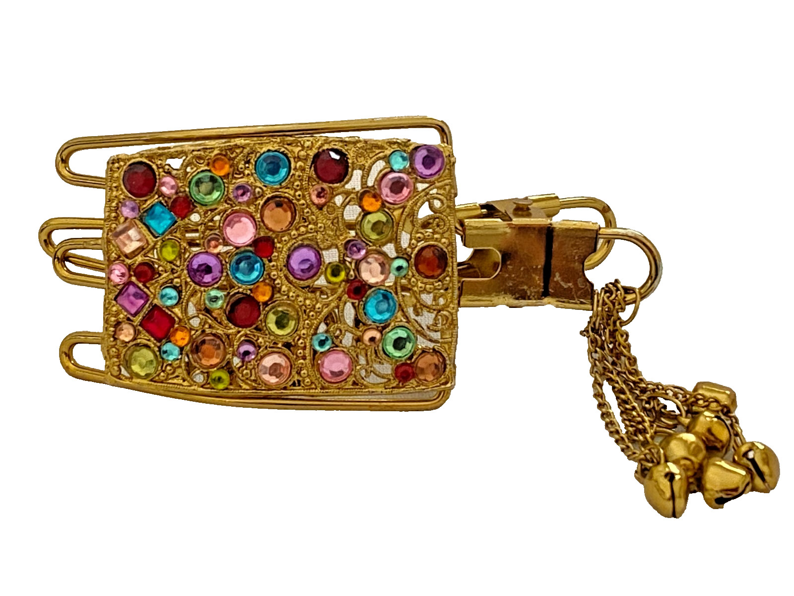 Gold Metal Hair Clip with Colorful Rhinestones & Bells Indian Wedding Jewelry