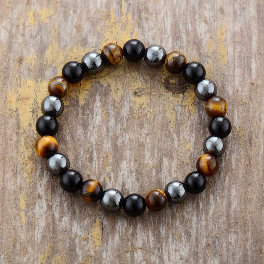 Triple Protection Bracelet Obsidian Tiger’s Eye Hematite Stone Stretch Bracelet