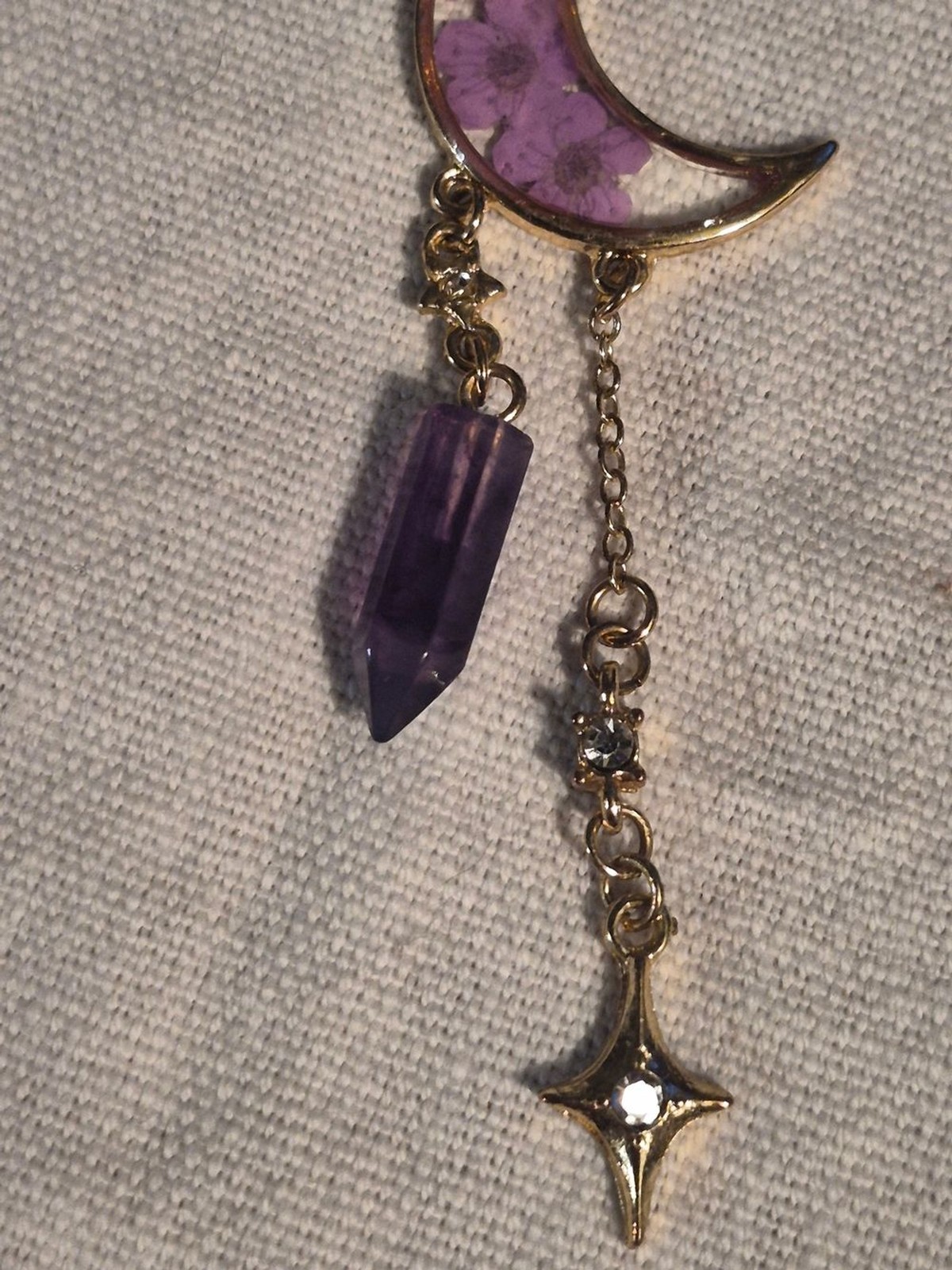 Gold Celestial Crescent Moon Resin Real Purple Flower and Faux Amethyst Crystal