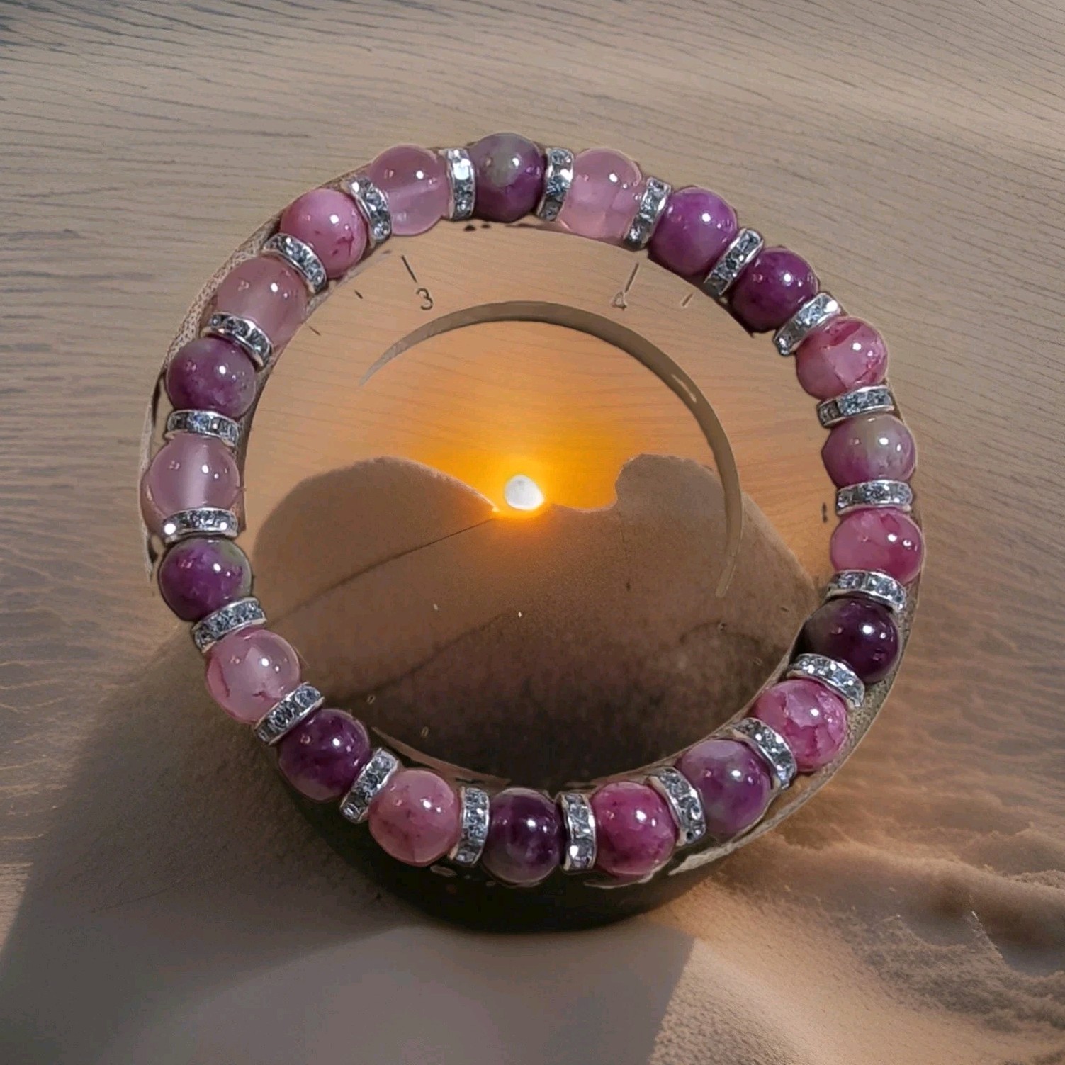 Pink Purple Stone Round Bead Stretch Bracelet 7 in w/ Rhinestone Spacer Rings