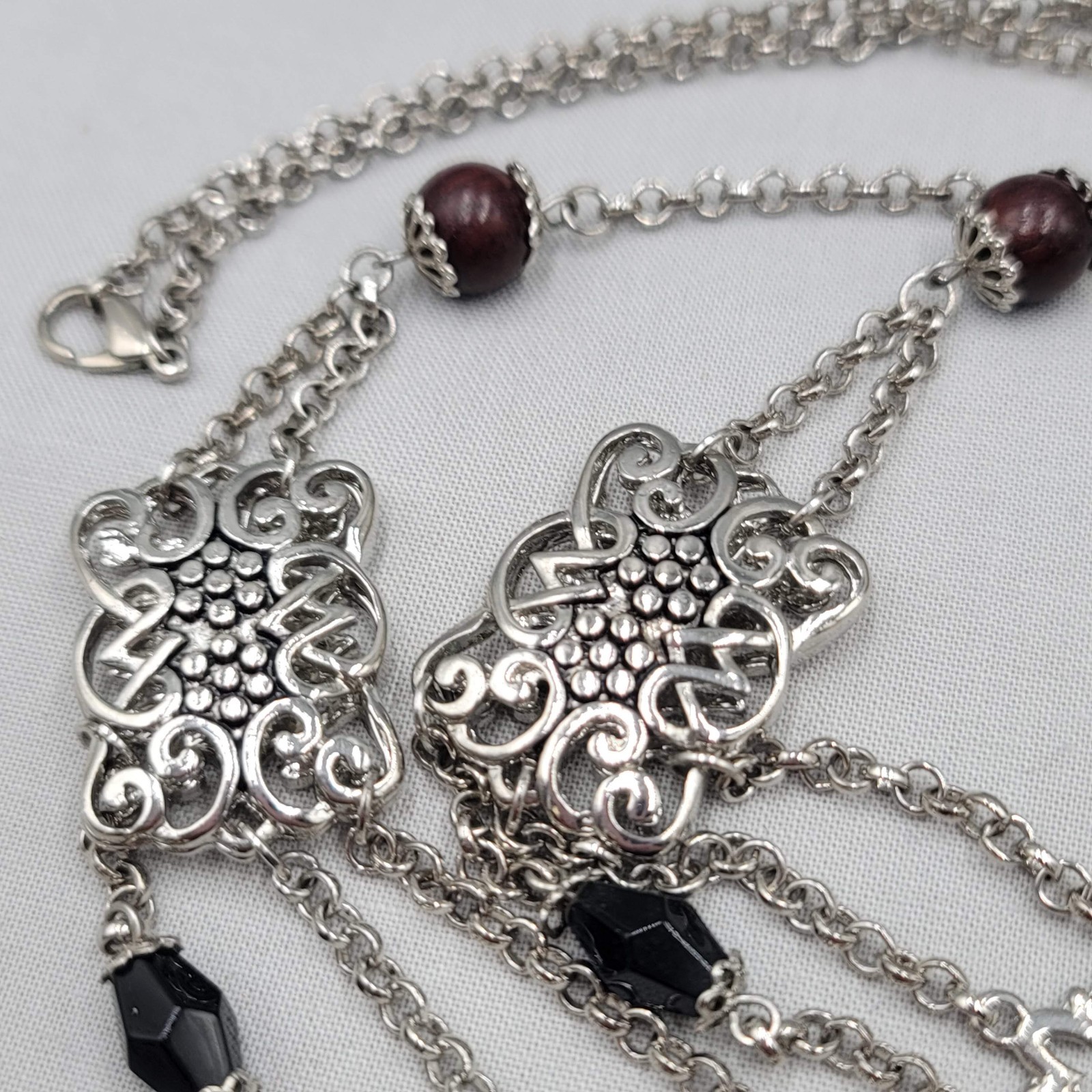 Wood Bead Layered Chain Necklace Silver Plated Filigree 34″ adj