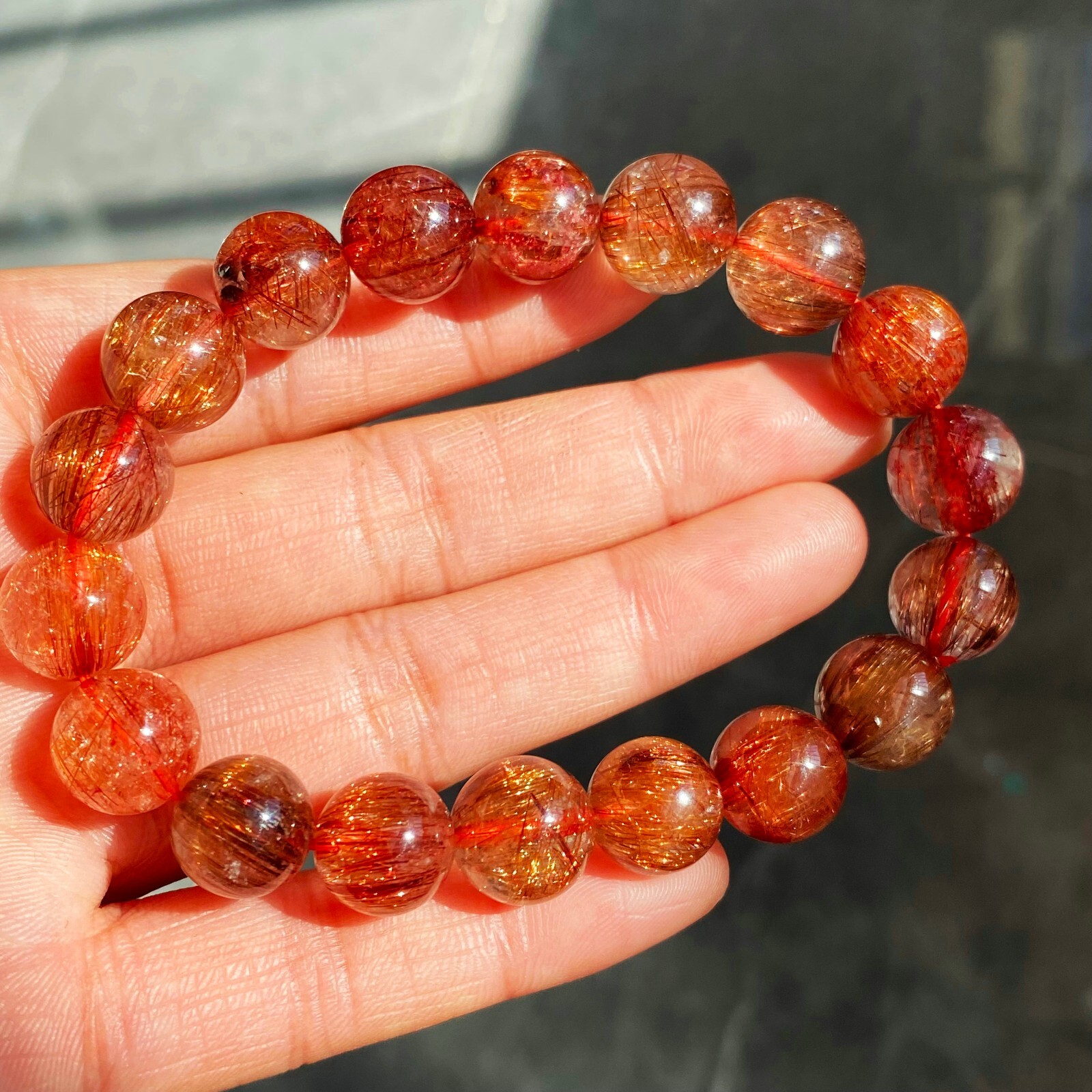 10.7-11.3mm Natural Copper Rutilated Quartz Crystal Stretch Beads Bracelet 17