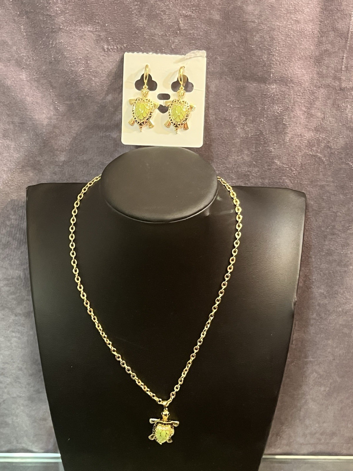 None tarnish none fade Gold Tone Turtle Necklace & Earrings Set Green