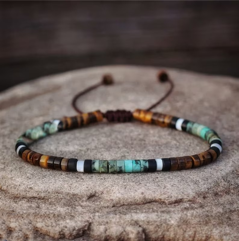 African Turquoise & Tiger Eye Beads Gemstone Healing Dainty Women Men Bracelet