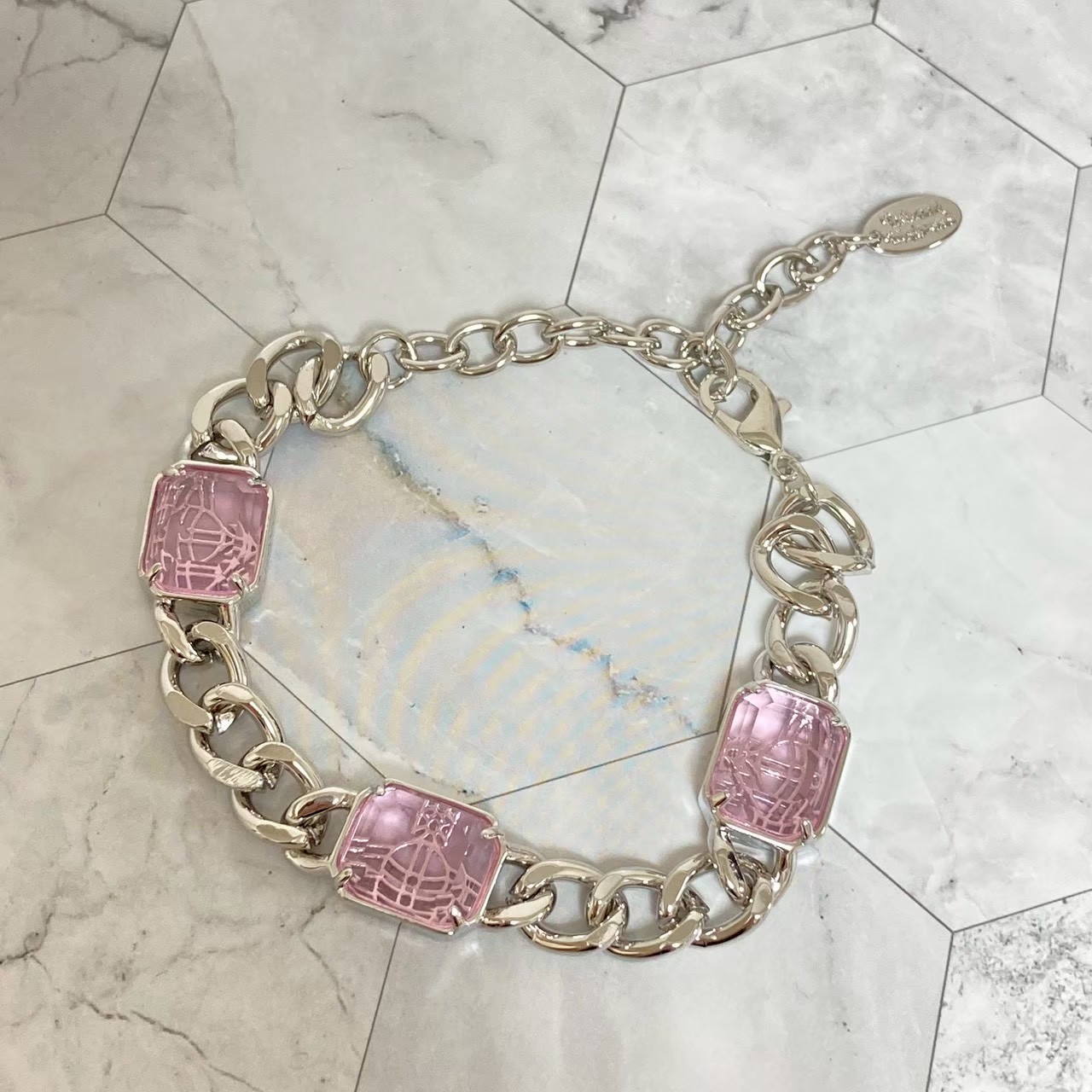 Vivienne Westwood Bracelet Stone 16.5-22cm Silver Pink w/Pouch NO BOX