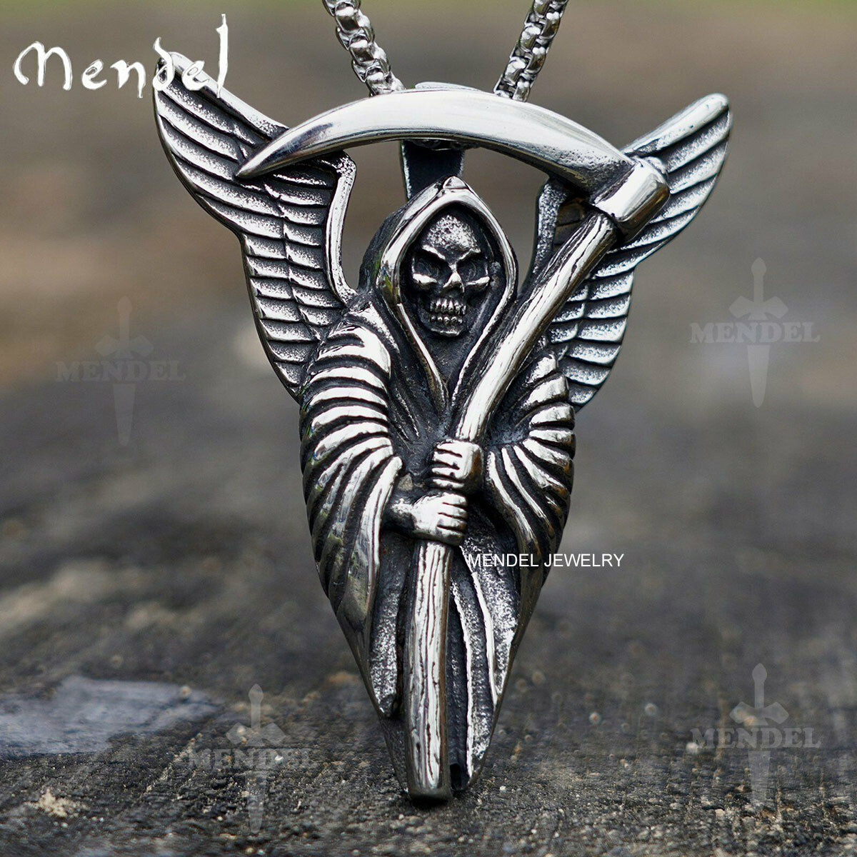 MENDEL Goth Mens Biker Skull Grim Reaper Death Pendant Necklace Stainless Steel