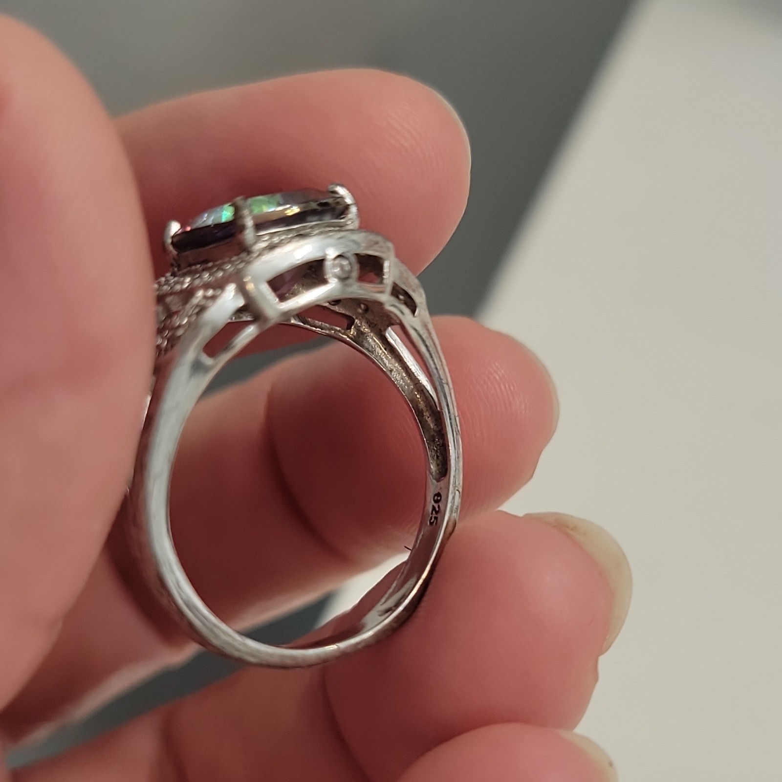 925 Sterling Silver Mystic Topaz Cushion Cocktail Ring w/ CZ Accents Size 10