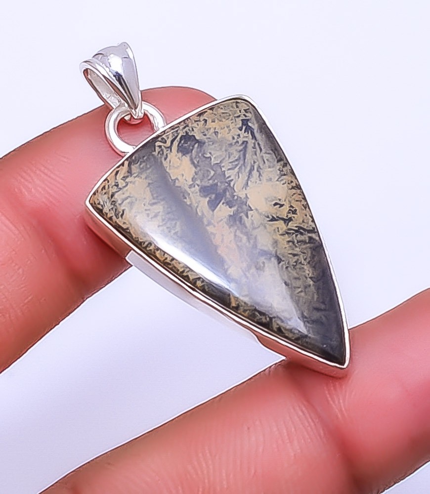 Honey Dendritic Opal – Mexico Gemstone 925 Sterling Silver Pendant 1.83″ P42