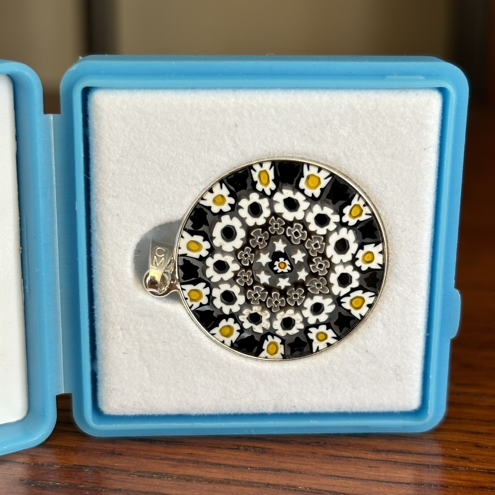 Murrina Murano Glass Pendant 925 Sterling Black White Daisy Floral Millefiori