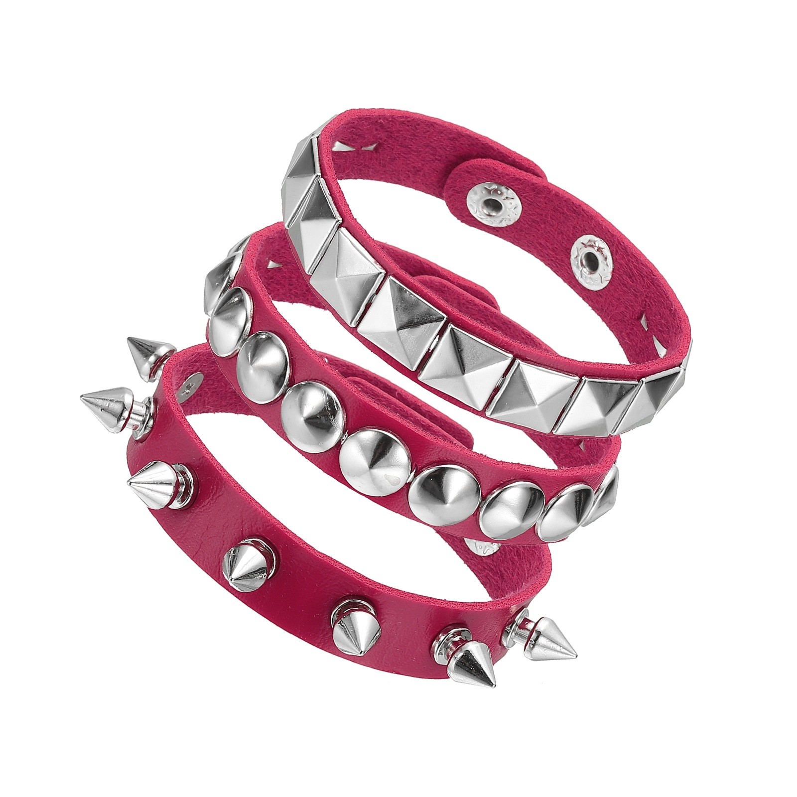 3Pcs Punk Studded Bracelet Set, 8.7″/22cm Adjustable Bracelets, Rose Red
