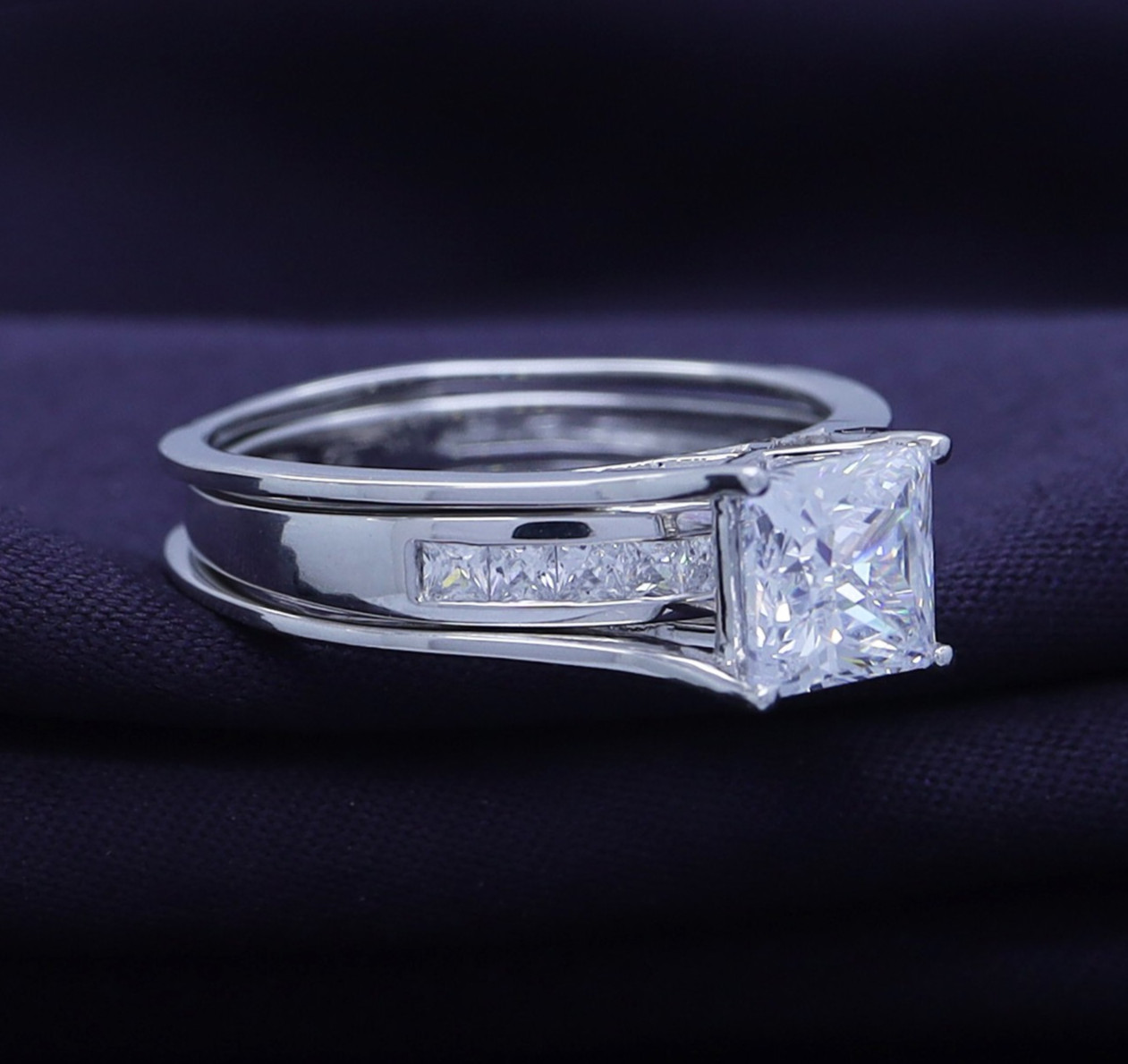 Engagement Wedding Band Ring Set Princess Cut 925 Sterling Silver