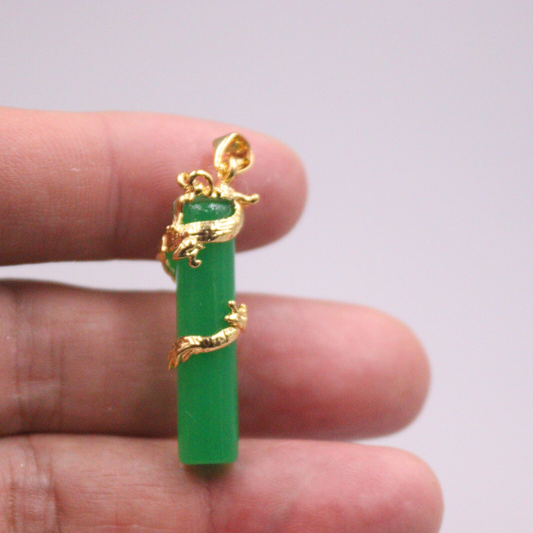 1pcs 18K Gold Over Alloy Metal Pendant with Heating Green Jade Dragon Pillar