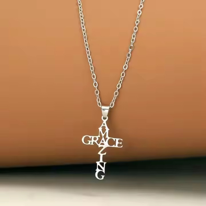 Stainless Steel Amazing Grace Cross Necklace – Silver, Christian Faith, Church
