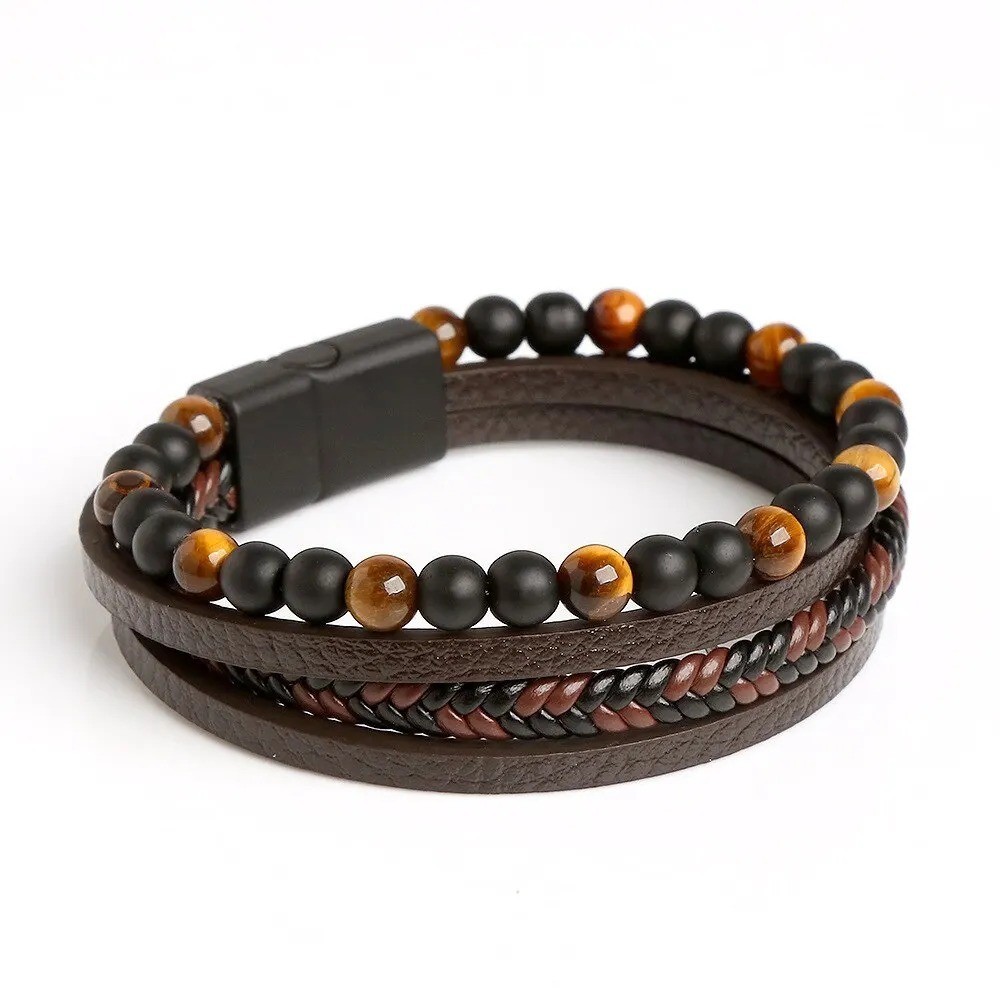 Men’s Layered Braided Leather Beaded Bracelet With Tiger Eye, Natural Stone