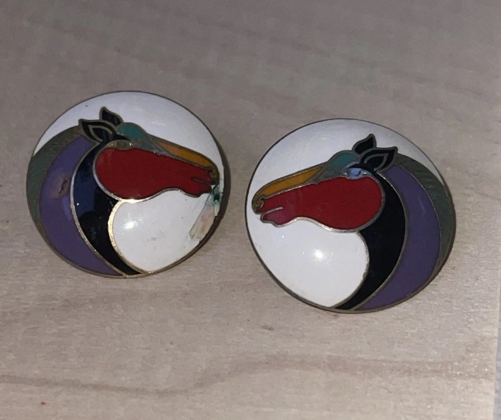 Vintage Laurel Burch Horse Earrings Black Enamel Colorful Mane “Kundus” Pierced