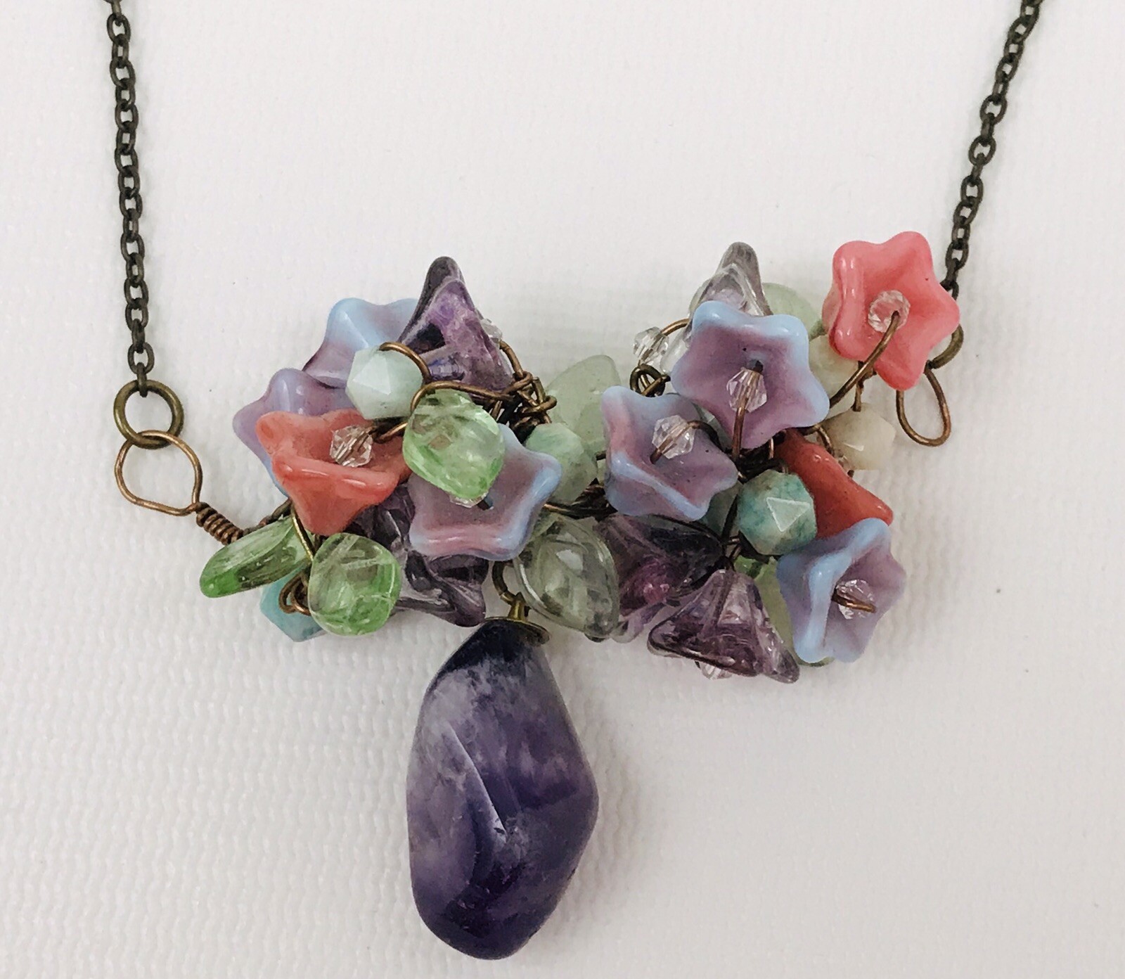 Amethyst Cluster Stone Drop Wire Wrap Necklace Glass Flower 18.5″