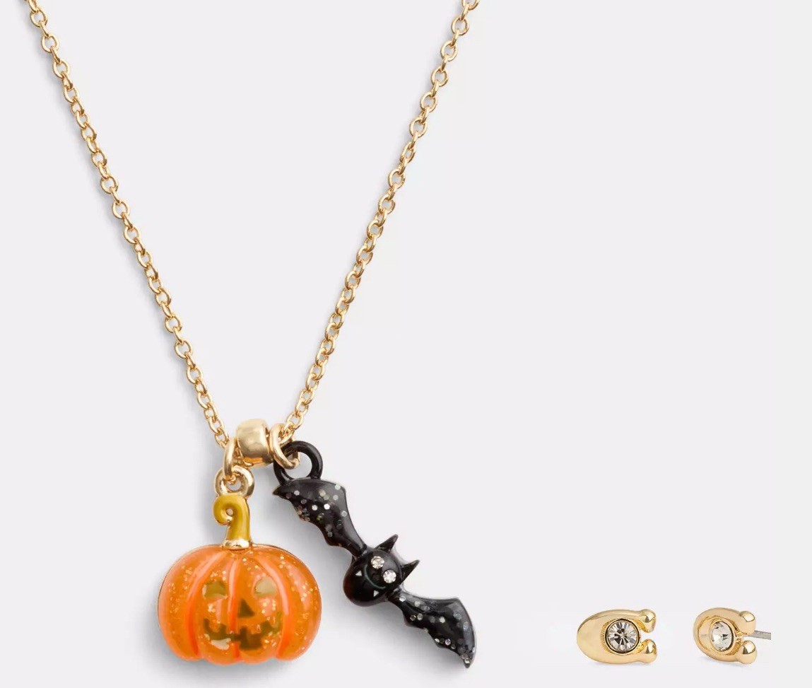 NWT Coach Halloween Jack-o’-lantern Pumpkin & Bat Earrings & Necklace Set CZ006