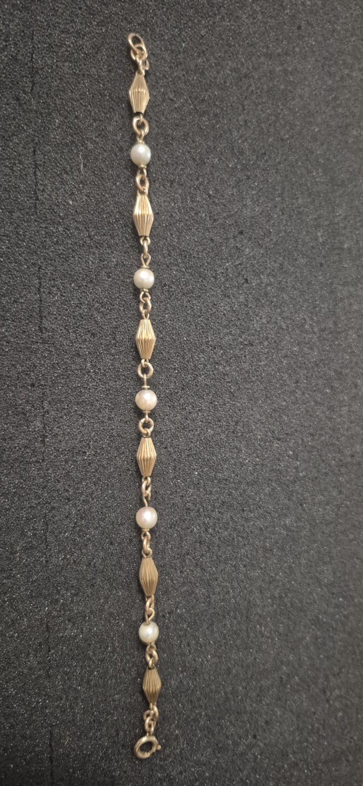 Gold Tone Chain Beaded Bracelet White Round Pearl Beads, Spring Ring Clasp