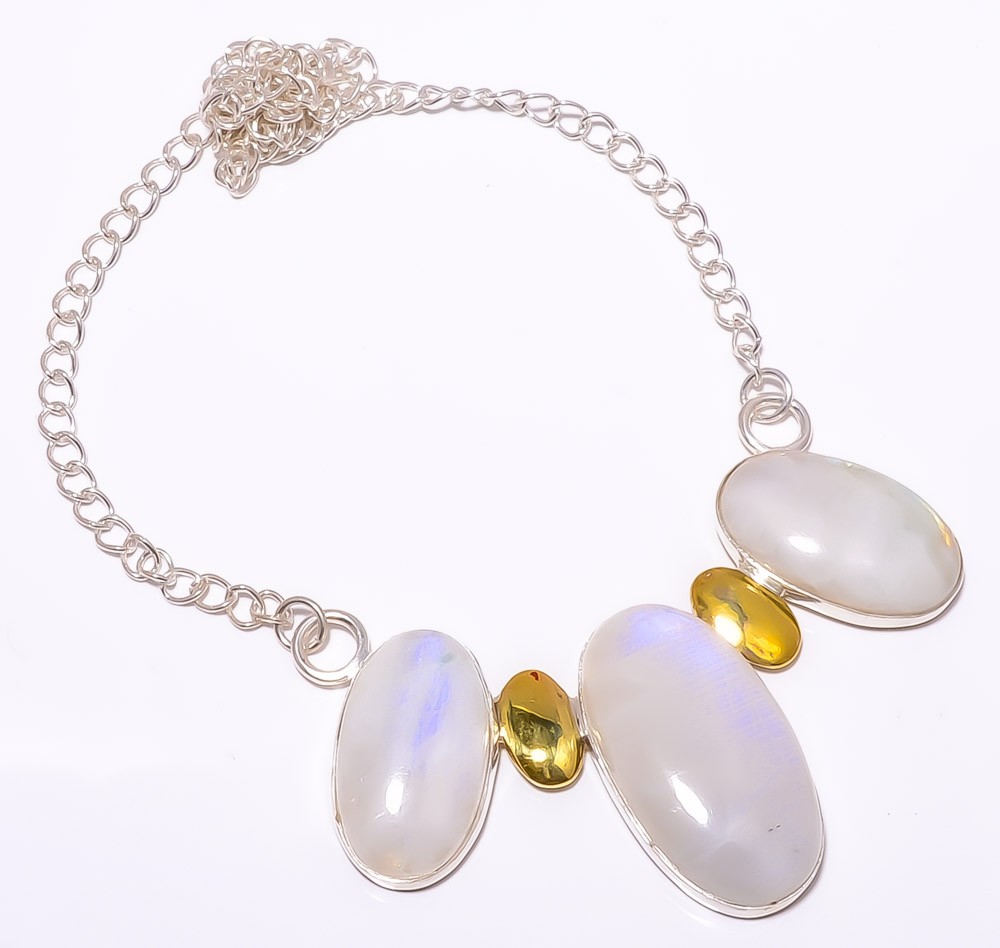 Rainbow Moonstone 925 Sterling Silver Two Tone Handmade Necklace 16.17.99″ A364