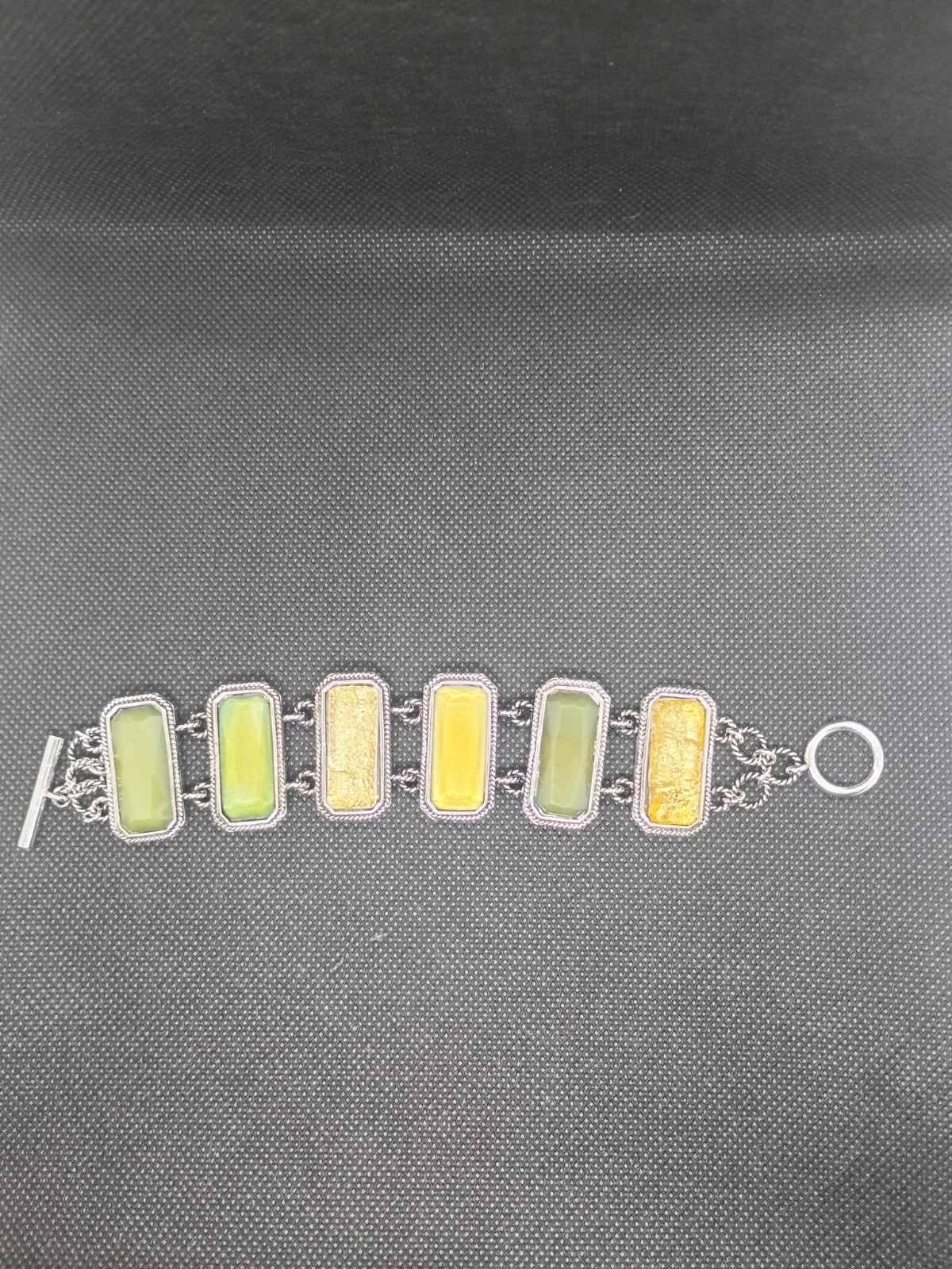Lia Sophia Macy Green Yellow Gold Foil Square Stones Silver Toggle Bracelet