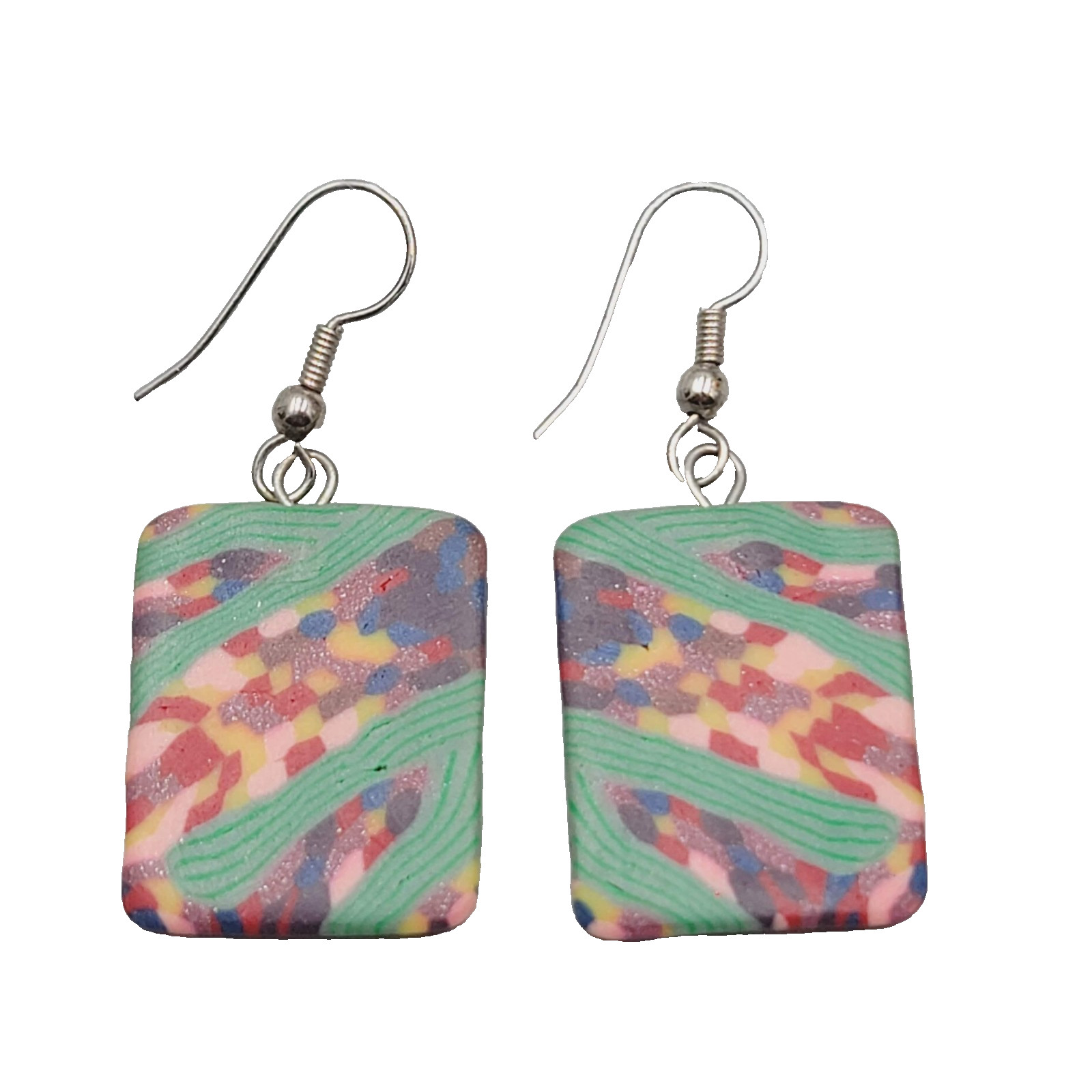 Multicolor Polymer Clay Pierced Earrings Silver tone Dangle 1 1/8″