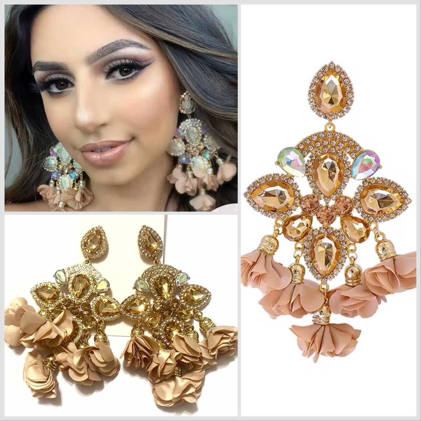 New Beige and Gold Crystal Rhinestone Statement Earrings