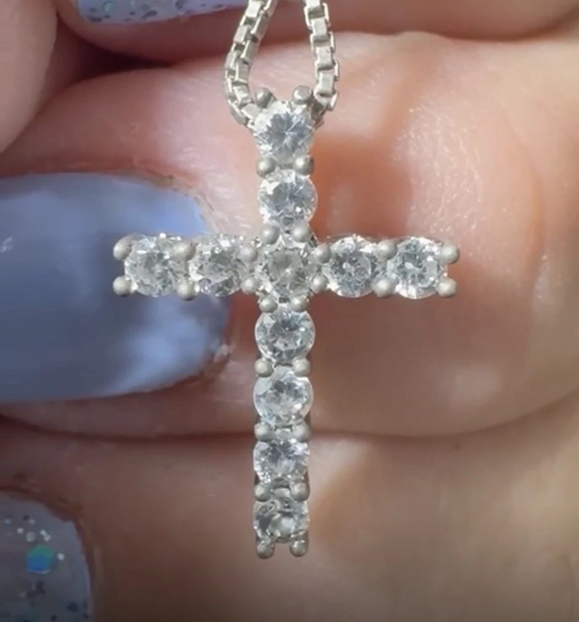925 Sterling Silver Cross Charm Pendant Necklace White Stones Box Chain Signed