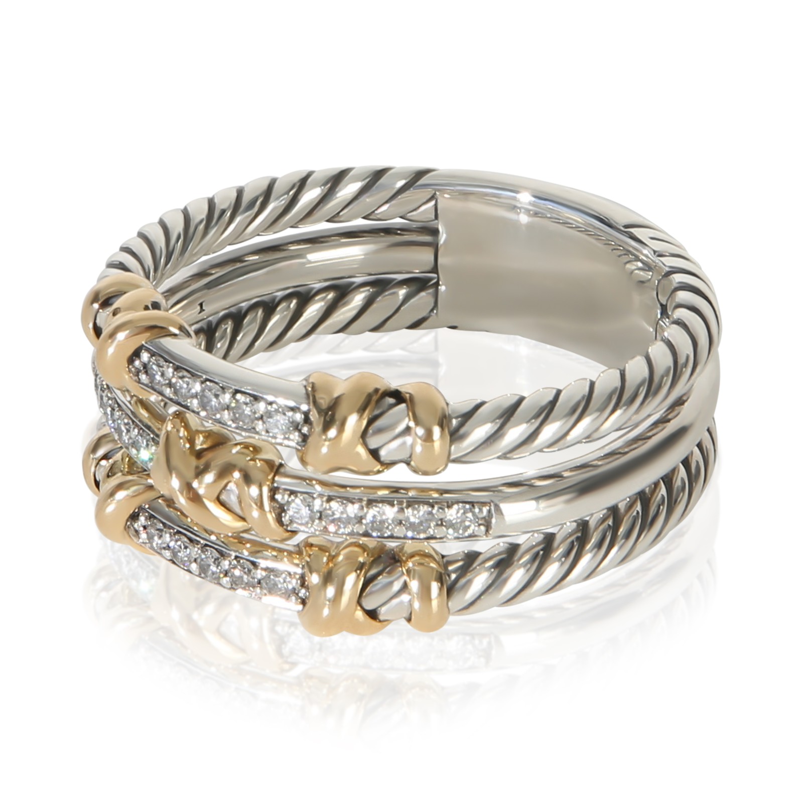 David Yurman Yellow Gold & Sterling Silver Diamond Petite Helena 3 Row Ring