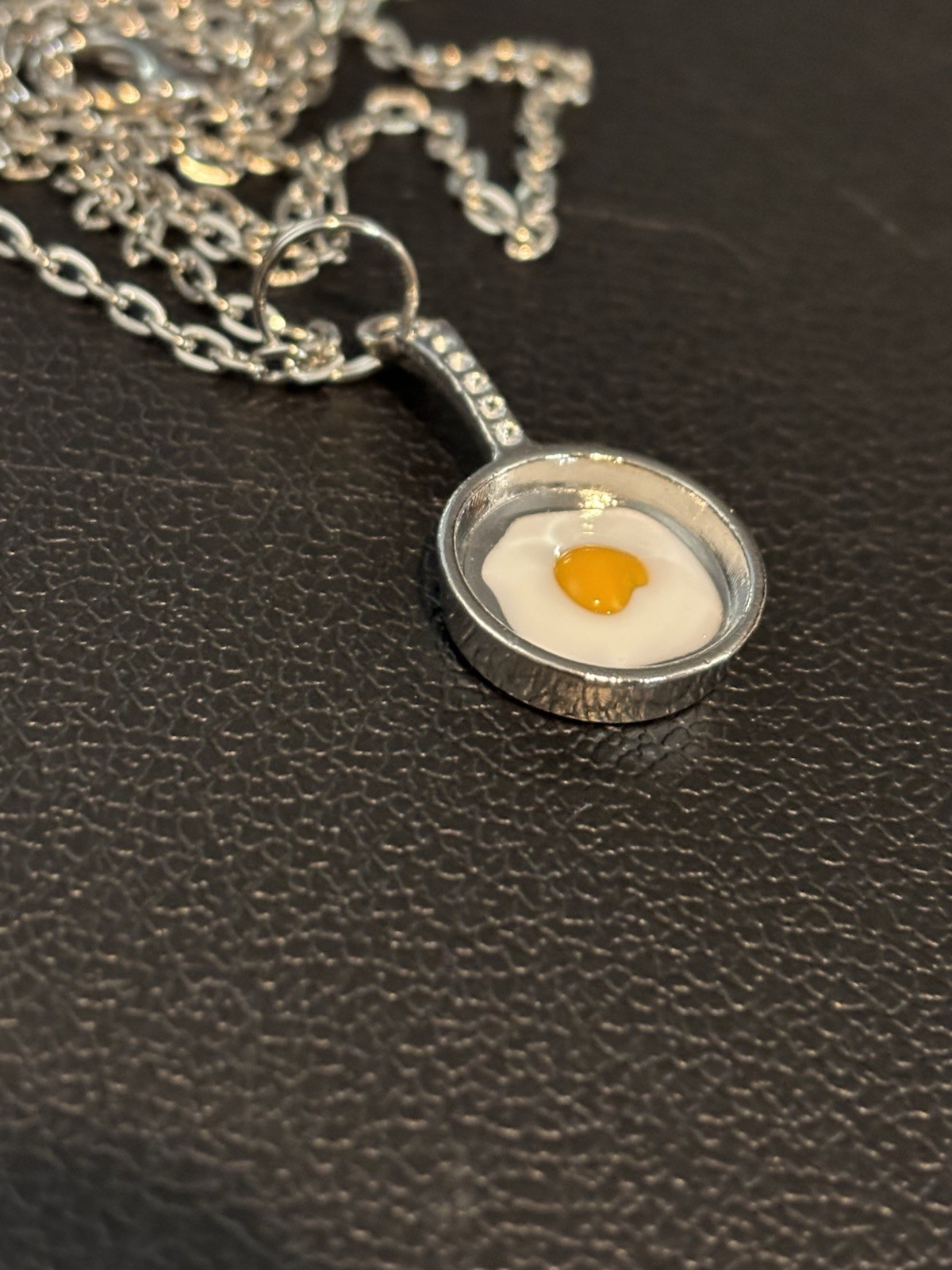 Fried Egg In Pan Pendant Silver tone Chain Necklace