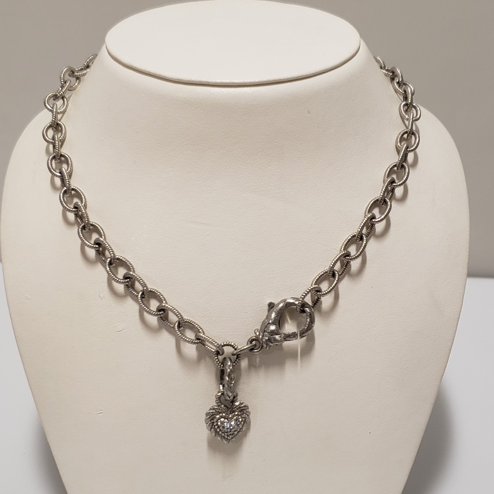 Judith Ripka Sterling Silver Diamonique Heart Charm Rolo Link Necklace 20″