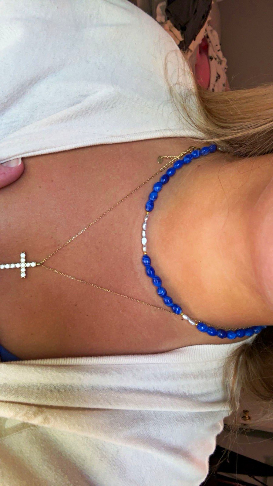 Handmade blue and pearl beaded necklace