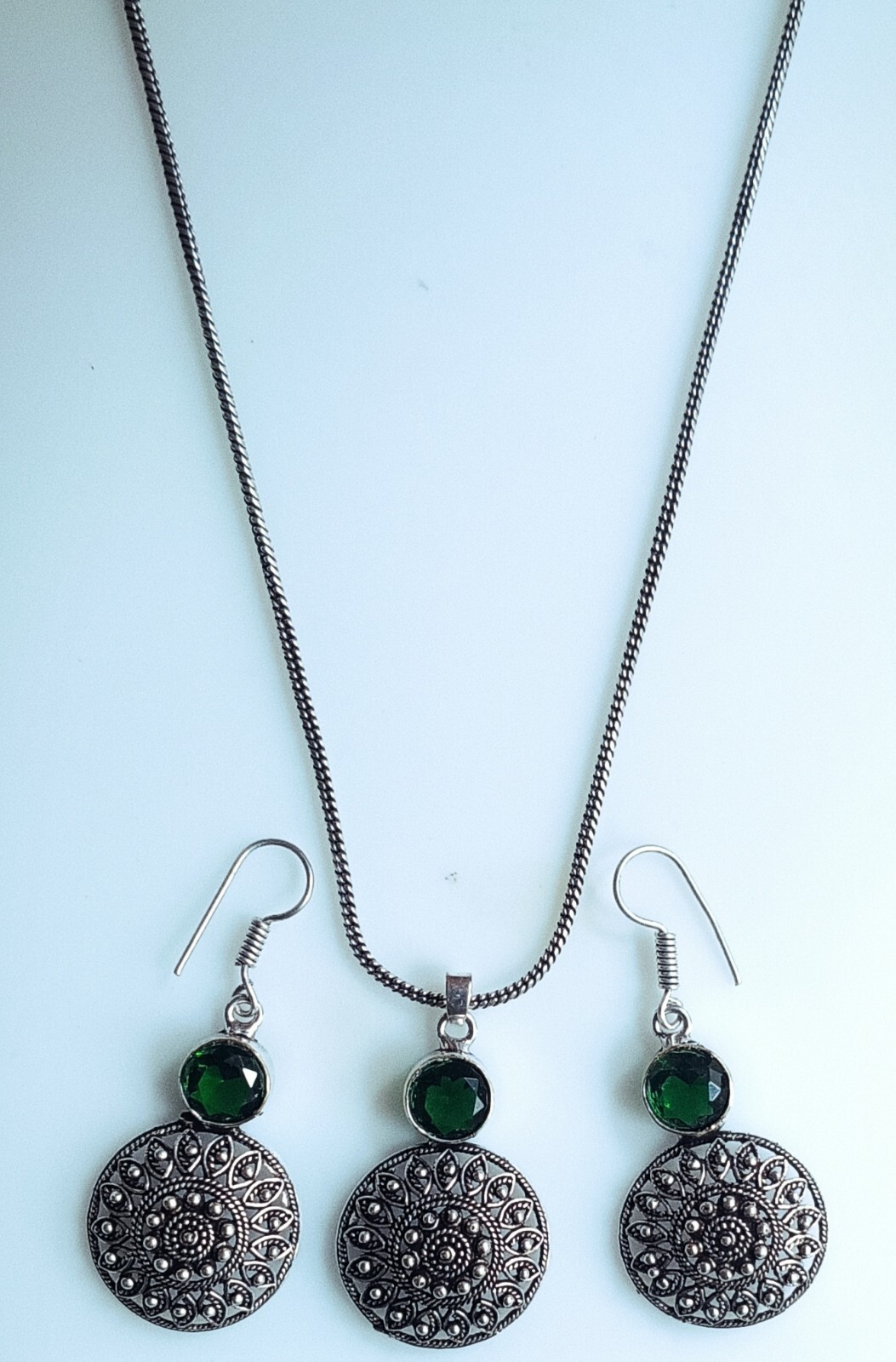 Green Stone Leaf Design Silver Necklace/Pendant Earring Set For Girls and Women