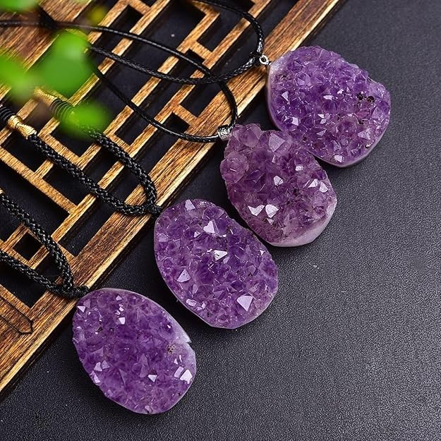 Genuine Raw Amethyst Geode Cluster Pendant Necklace Spiritual Crystal Necklace