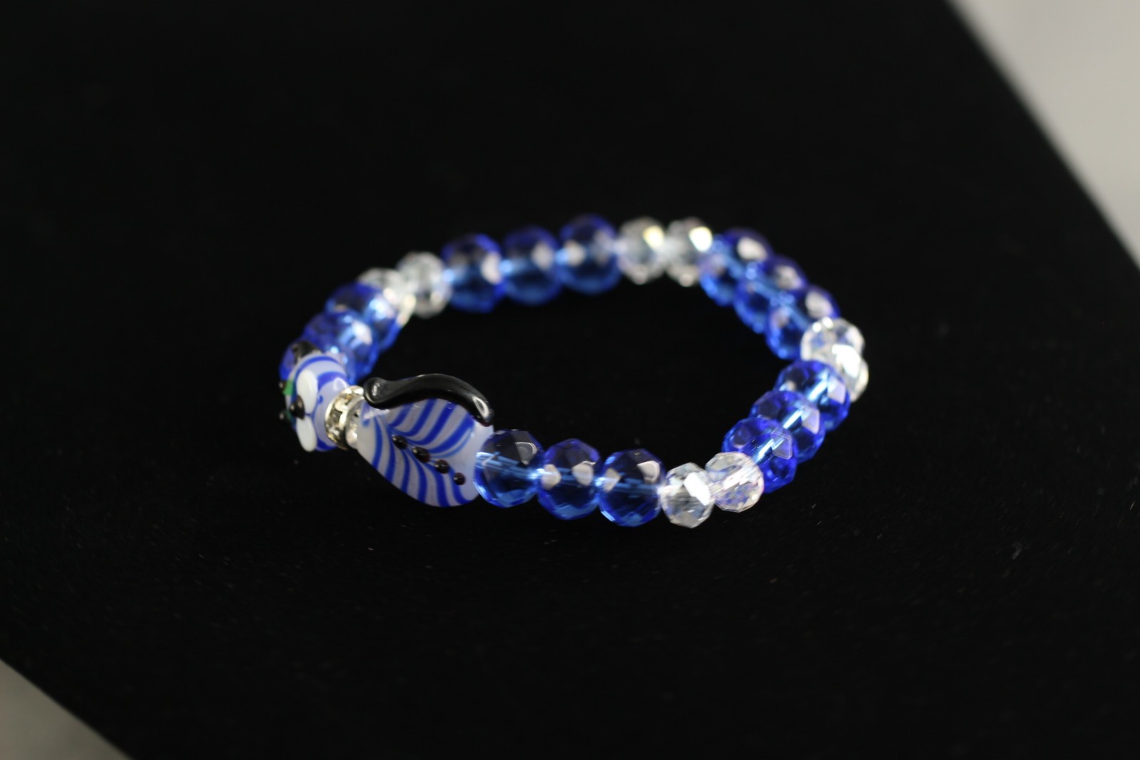 Blue Cat Lampwork Bead Bracelet 7″ Elastic Glass faceted Crystals Kitten